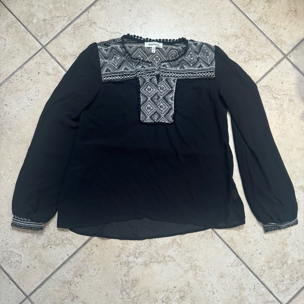 Monteau Black and Gray Embroidered Sheer Blouse
